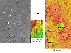 Channels on the floor of Newton crater, as seen by THEMIS
