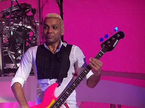 A color photograph of Tony Kanal playing the guitar live in 2009.