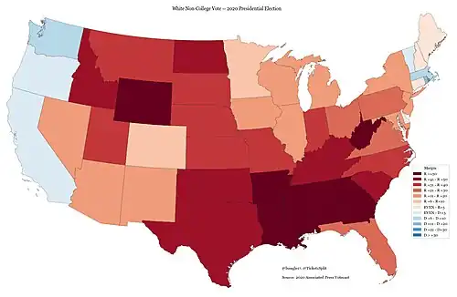 Map of the Non-college White vote in the 2020 presidential election by state.