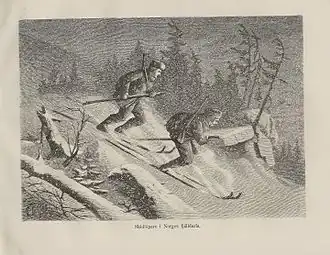 Norwegians skiing with a single pole, 1870.