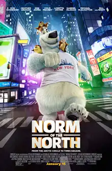 An anthropomorphic polar bear, walking in the city's streets, with three little lemmings over his shoulders and head, with a white t-shirt of "New York" and the film's title, slogan and billing underneath him.