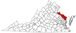 Map of Virginia with the Northern Neck region shown in red