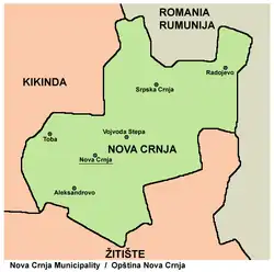 Map of the Nova Crnja municipality showing the location of Radojevo
