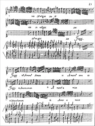 Sheet music for three voices and accompaniment in an ornate script and Italian lyrics