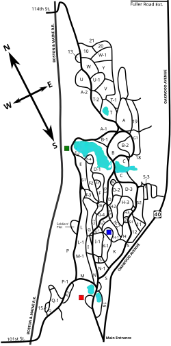 The cemetery is a slim property running northeast–southwest and bounded on the long sides by New York Route 40 and an old railroad bed. This map shows the length of the property vertically (north is to the top left). Toward the bottom is the main entrance and the Earl Crematorium. A third of the way into the propert, roughly center, is the location of the Warren Chapel. Middle left is the location of the panorama. The cemetery has about five man-made lakes and 29 miles of meandering roads creating a web of pathways on the property.