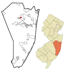 Map of Leisure Knoll CDP in Ocean County. Inset: Location of Ocean County in New Jersey.