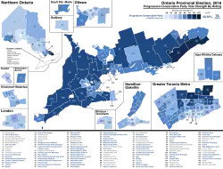 The percentage of votes cast for the Progressive Conservatives by riding.