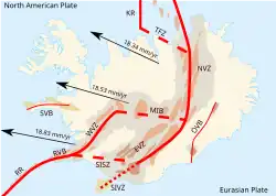 Fig 1. This figure shows the locations of the major deformation zones in Iceland and the vectors of the North American Plate movement relative to the Eurasian Plate. Legend: RR, Reykjanes Ridge; RVB, Reykjanes volcanic belt; WVZ, West volcanic zone; MIB, Mid-Iceland belt; SISZ, South Iceland seismic zone; EVZ, East volcanic zone; SIVZ, South Iceland volcanic zone; NVZ, North volcanic zone; TFZ, Tjörnes fracture zone; KR, Kolbeinsey Ridge; ÖVB, Öræfajökul volcanic belt; SVB, Snæfellsnes volcanic belt. The legend for the basalt regions is the same as below.