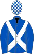 Royal blue, white cross sashes, check cap