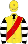 Yellow, red sash, black and white hooped sleeves, yellow cap