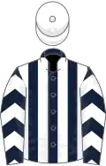 Dark blue and white stripes, chevrons on sleeves, white cap