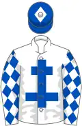 White, royal blue cross of lorraine, royal blue diamonds on sleeves, blue cap, white diamond