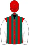 Red and dark green stripes, white sleeves, red cap