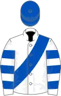 White, royal blue sash, hooped sleeves, royal blue cap