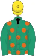 Emerald green, orange spots, emerald green sleeves, yellow cap