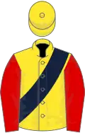 Yellow, Dark Blue sash, Red sleeves