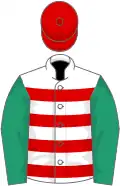 White, red hoops, emerald green sleeves, red cap