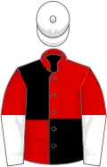 Red and black (quartered), red and white halved sleeves, white cap