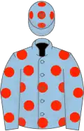 Light blue, scarlet spots, light blue cap