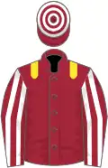 Maroon, yellow epaulettes, maroon and white striped sleeves, maroon and white hooped cap