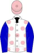 White, pink spots, blue sleeves, pink cap