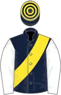 Dark Blue, Yellow sash, White sleeves, Dark Blue and Yellow hooped cap