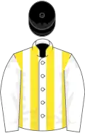 White and Yellow stripes, White sleeves, Black cap