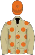 Beige, orange spots, beige sleeves, orange cap
