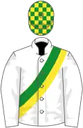 White, green and yellow sash, green and yellow checked cap