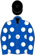Blue, white spots, blue sleeves, white spots, black cap