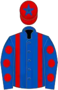 ROYAL BLUE, red braces, royal blue sleeves, red spots, red cap, royal blue star