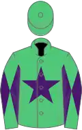 Emerald green, purple star, diabolo on sleeves, emerald green cap