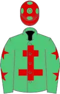 EMERALD GREEN,red cross of lorraine,green slvs,red stars,red cap,green spots