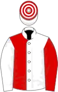 White and red (halved), reversed sleeves, hooped cap