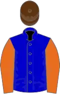 Blue, orange sleeves, brown cap