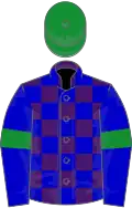 Purple and blue check, blue sleeves, green armlets and cap