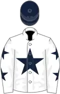 White, dark blue star and stars on sleeves, blue cap