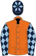 Orange, dark blue sleeves, light blue diamonds and cap