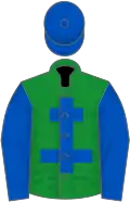 Green, royal blue cross of lorraine, royal blue sleeves and cap