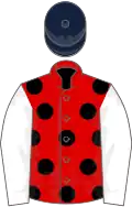 Red, black spots, white sleeves, dark blue cap
