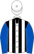White and black stripes, royal blue sleeves, white cap