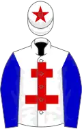 White, red cross of lorraine, blue sleeves, white cap, red star