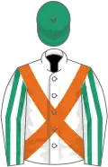 White, orange cross belts, white and emerald green striped sleeves, emerald green cap
