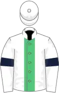 White, emerald green stripe, white sleeves, dark blue armlets