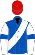 Royal blue, white sash, white sleeves, royal blue armlets, red cap