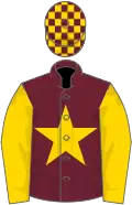 Claret, gold star and sleeves, check cap