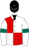White and red (quartered), white sleeves, dark green armlets, black cap