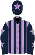 Mauve and dark blue stripes, dark blue sleeves, mauve stars, dark blue cap, mauve star