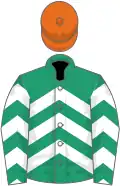 Emerald green, white chevrons, orange cap