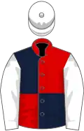 Red and dark blue (quartered), white sleeves and cap